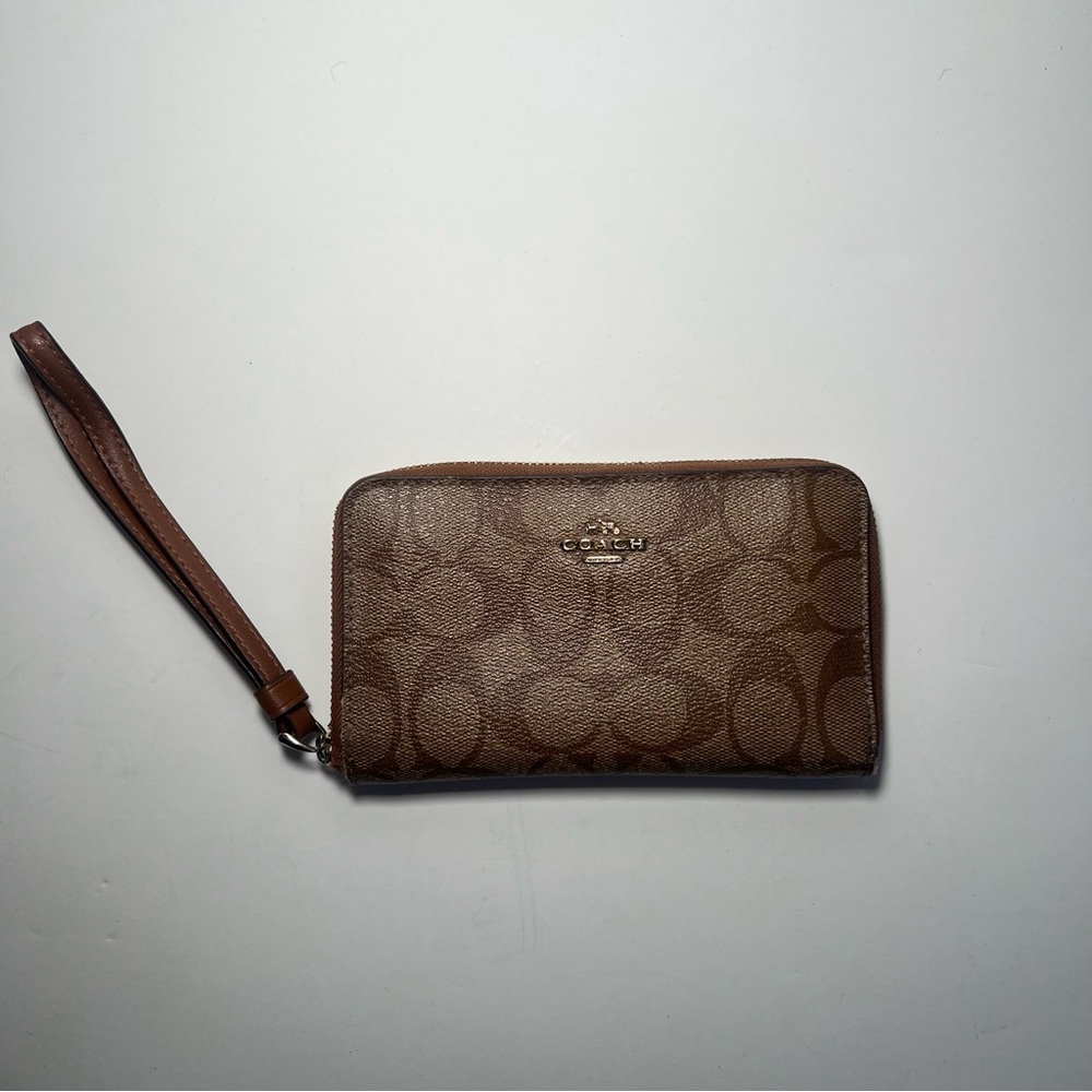 Coach Signature Coated Canvas Zip Around Brown Wristlet Wallet